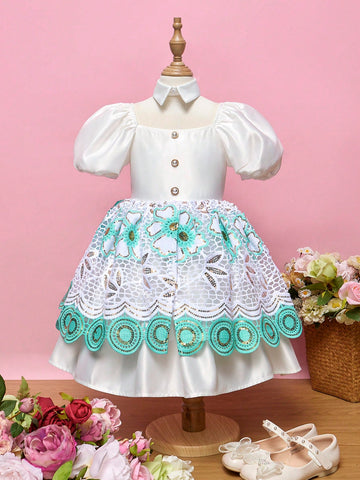 Toddler Girls 1pc Floral Embroidery Sequin Detail Puff Sleeve Dress With Choker