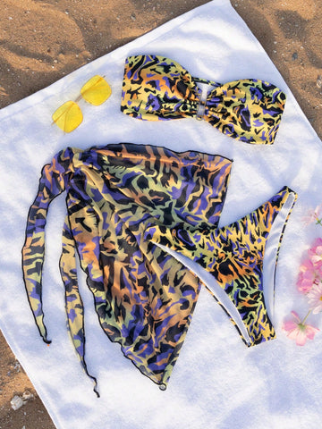 Allover Print Bandeau Bikini Swimsuit With Beach Skirt