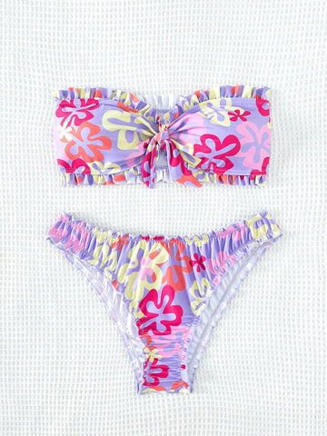 Summer Beach Floral Print Frill Trim Knot Front Bandeau Bikini Swimsuit