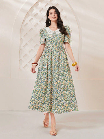 Ditsy Floral Print Contrast Lace Collar Puff Sleeve Dress