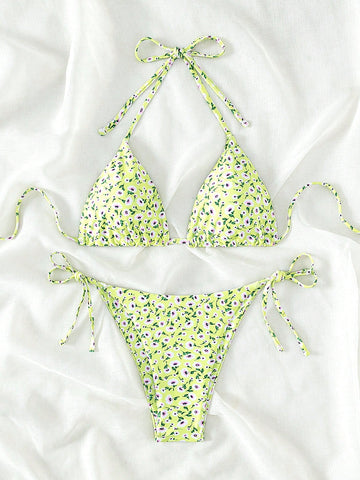 Summer Beach Ditsy Floral Triangle Tie Side Bikini Swimsuit