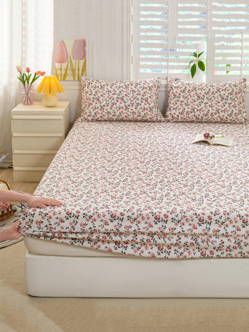 1pc Flower Pattern Fitted Sheet, Modern Fabric Fitted Bottom Sheet For Bedroom