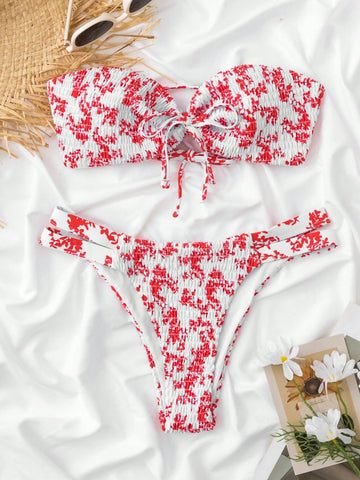 Floral Print Smocked Bandeau Bikini Swimsuit