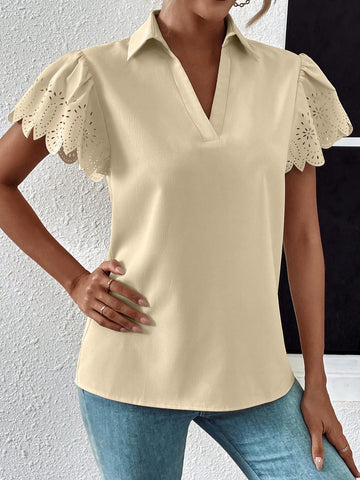 Eyelet Embroidery Scallop Trim Blouse