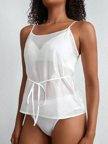 Light & Soft Sheer Front Tie Cami Sleep Top - White
