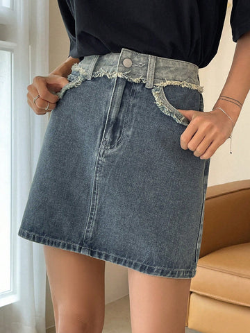 High Waist Contrast Panel Denim Skirt