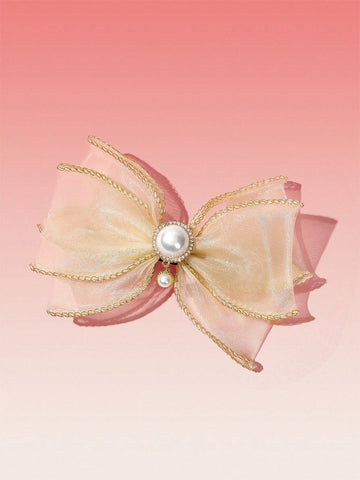 Women Bow & Faux Pearl Decor Elegant Hair Clip For Daily Life
