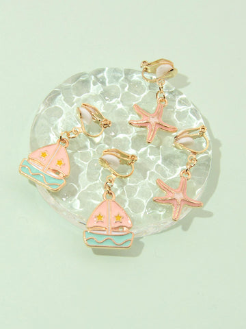 4pcs Cute Starfish & Sailboat Decorated Hair Clips For Girls