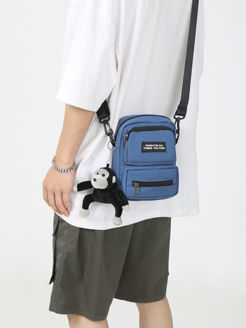 Mini Men Letter Patch Decor Square Bag Casual Adjustable Strap With Bag Charm