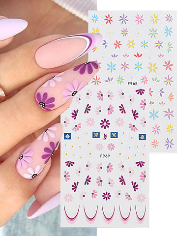 2 Sheets Purple Blue Yellow Daisies French Tips Nail Stickers Nail Art Decals