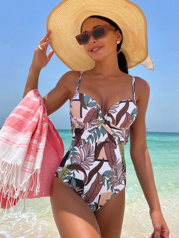 Summer Beach Tropical Print Push Up One Piece Swimsuit