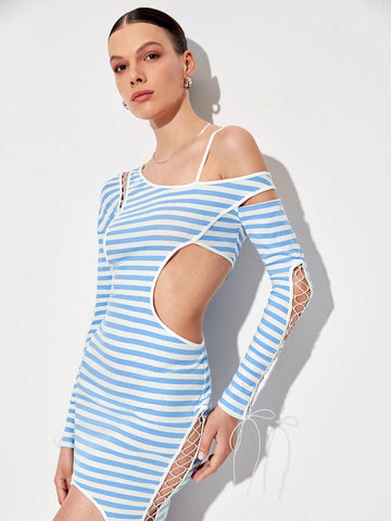 Striped Print Asymmetrical Neck Cut Out Bodycon Dress