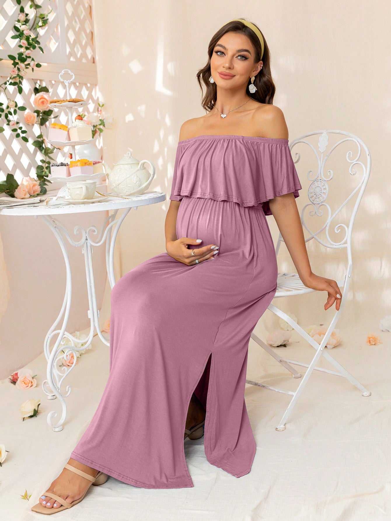 Maternity Off Shoulder Ruffle Trim Dress