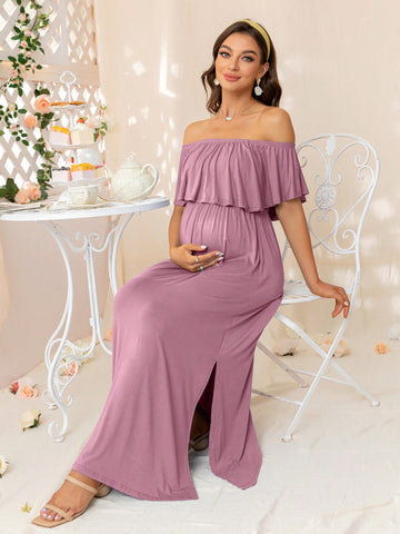 Maternity Off Shoulder Ruffle Trim Dress