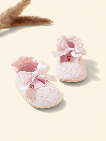 Baby Girls Floral Embroidered Bow Decor Ruffle Trim Ballet Flats For Outdoor