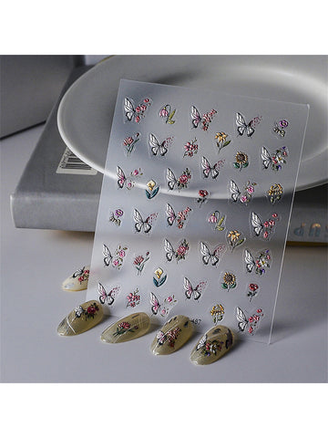 1sheet Nail Art Stickers 5D Embossed Nail Decals Colorful Butterfly Nail Accessories Supplies 3D Self-Adhesive Nail Decoration for Women Nail Design