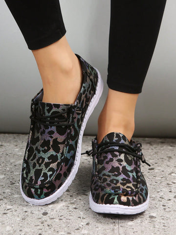 Women Leopard Pattern Lace Up Casual Shoes, Sporty Outdoor Canvas Shoes