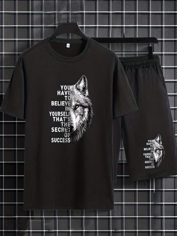 Men Wolf & Slogan Graphic Tee & Drawstring Waist Shorts