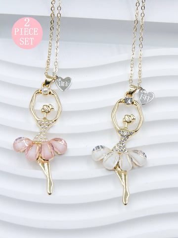 2pcs Kids Girl & Rhinestone & Faux Pearl Decor Zinc Alloy Pendant Necklace For Best Friends