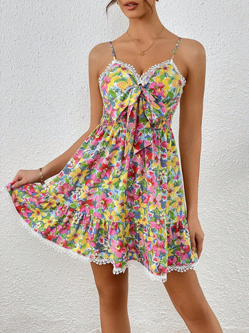 Allover Floral Print Knot Front Ruffle Hem Cami Dress