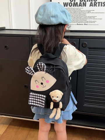 Cartoon Rabbit Pattern Student Backpack With Cute Plaid Design For Children In Kindergarten