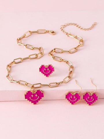 4pcs/set Fashionable Girls Heart Decor Necklace, Earrings & Ring Set