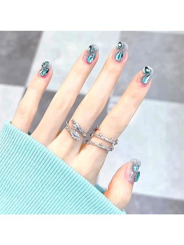 24pcs/set Medium-sized Square False Nails With Blue Starry Sky & Rhinestone Design, Including 1pc Nail File And 1pc Jelly Gel