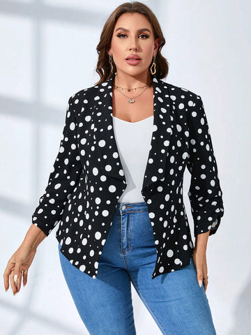 Plus Polka Dot Print Ruched Cuff Open Front Blazer Without Cami Top