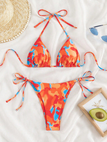 Summer Beach Tie Dye Halter Triangle Bikini Swimsuit