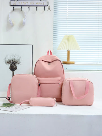 4pcs/set Classic Solid Color Female Casual Travel Backpacks Women Large Capacity Backpack Kids Schoolbags Girls Student Book bags Preppy Style School Students Solid Color Large Backpack