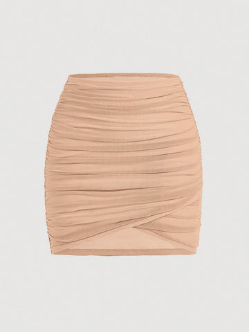 Solid Ruched Mesh Bodycon Skirt
