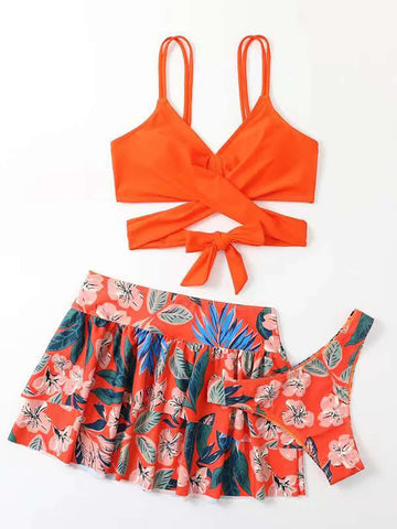 Tropical Print Wrap Bikini Swimsuit With Beach Skirt