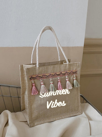 Tassel Decorated Linen Tote Bag With Letter Print