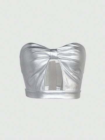 Metallic Cut Out Bow Tube Crop Top