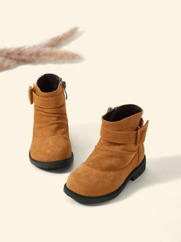 Baby Girls Buckle Decor Side Zip Breathable Slouchy Boots For Outdoor