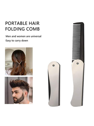 Unisex Stainless Steel Handled Black Plastic Teeth Foldable Comb, Convenient Style, Portable Pocket Hair Comb, 1pc