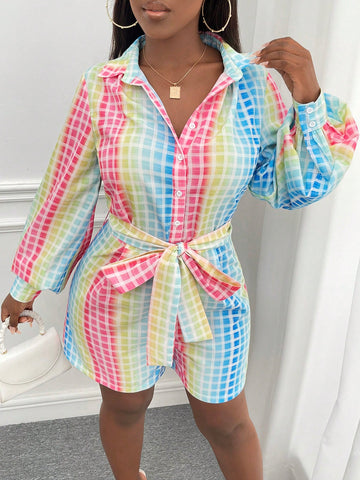 Ombre and Plaid Print Belted Shirt Romper