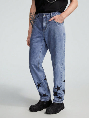 Guys Star Print Straight Leg Jeans