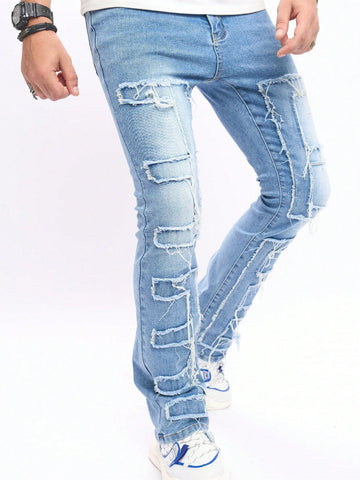 Men Ripped Frayed Bleach Wash Skinny Jeans