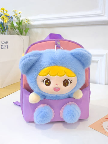 Children's Backpack Kindergarten School Bag For Girls With Cute Cartoon Plush Bear Decor Double Shoulder Bag
