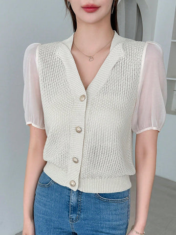 Contrast Mesh Puff Sleeve Knit Top