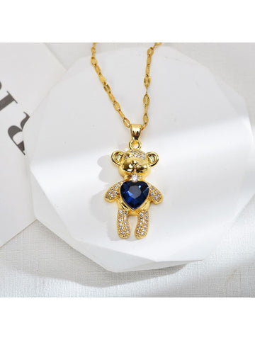 1pc Copper Micro Inlaid Cubic Zirconia Bear Shaped Pendant Necklace