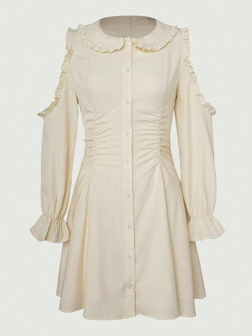 Solid Frill Trim Ruched Button Through Dress