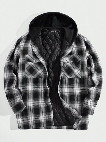 Men Plaid Print Quilted Lined Hooded Winter Coat