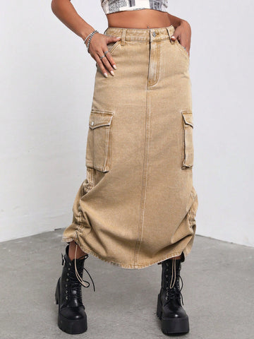 Flap Pocket Drawstring Ruched Side Denim Skirt
