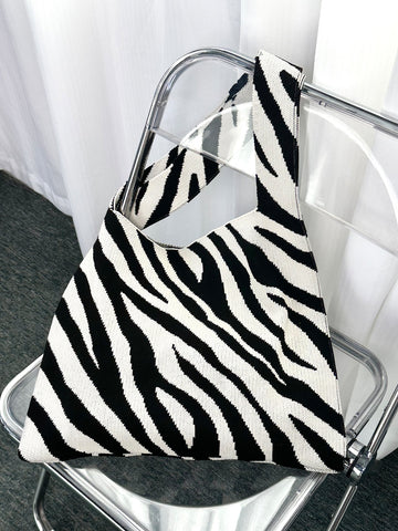 Large Capacity Zebra Pattern Color Block Knitted Single Shoulder Bag, Casual And Versatile