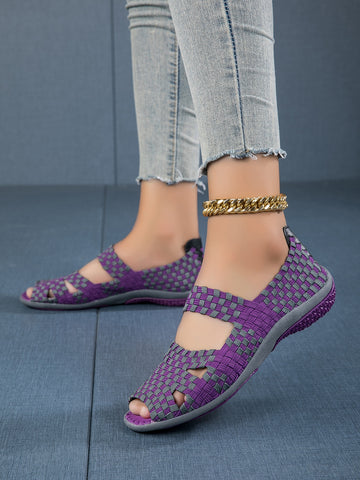 Fashionable Hollow Out Weaved Women's Shoes, Peep Toe, Breathable, Slip Resistant, Comfortable, Flat Casual Shoes, Sandals, Purple