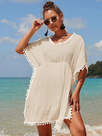 Summer Beach Pom Pom Trim Batwing Sleeve Cover Up Dress
