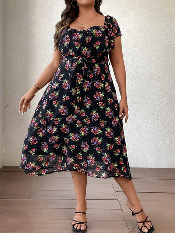 Plus Floral Print Sweetheart Neck Butterfly Sleeve Dress
