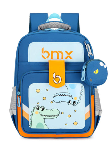 Children Cartoon Crocodile Pattern Backpack With Color Collision Design, Cute School Bag And Coin Purse